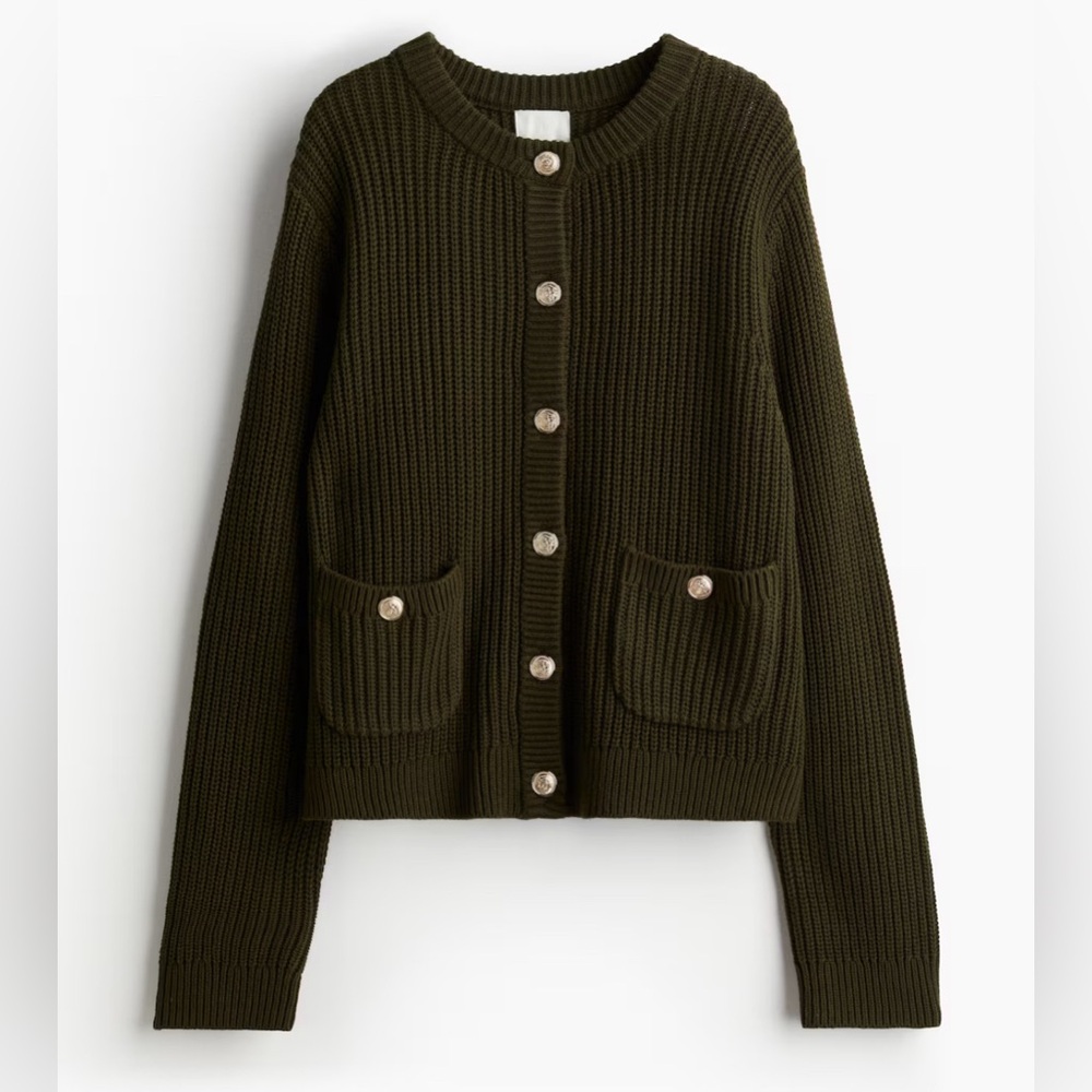 H&M Ribbed Knit Cardigan, Size Small, Olive Green